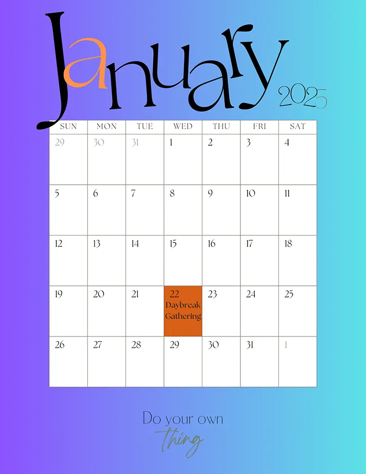 Apricity Recovery and Support Services Day Break January 2025 Calendar