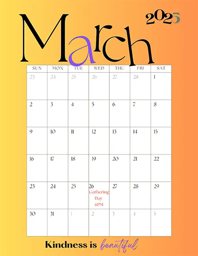 Apricity Recovery and Support Services Day Break March 2025 Calendar